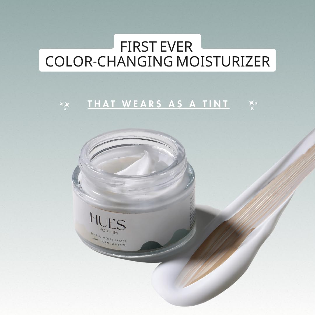 Hues for Him Tinted Moisturizer – With Hyaluronic Acid | Anti- Aging | Color-Adjusting Coverage | BB Cream Fit | Hydrates and Reduces Inflammation | Perfect for Men’s Faces | 30gm