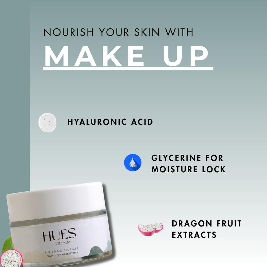 Hues for Him Tinted Moisturizer – With Hyaluronic Acid | Anti- Aging | Color-Adjusting Coverage | BB Cream Fit | Hydrates and Reduces Inflammation | Perfect for Men’s Faces | 30gm